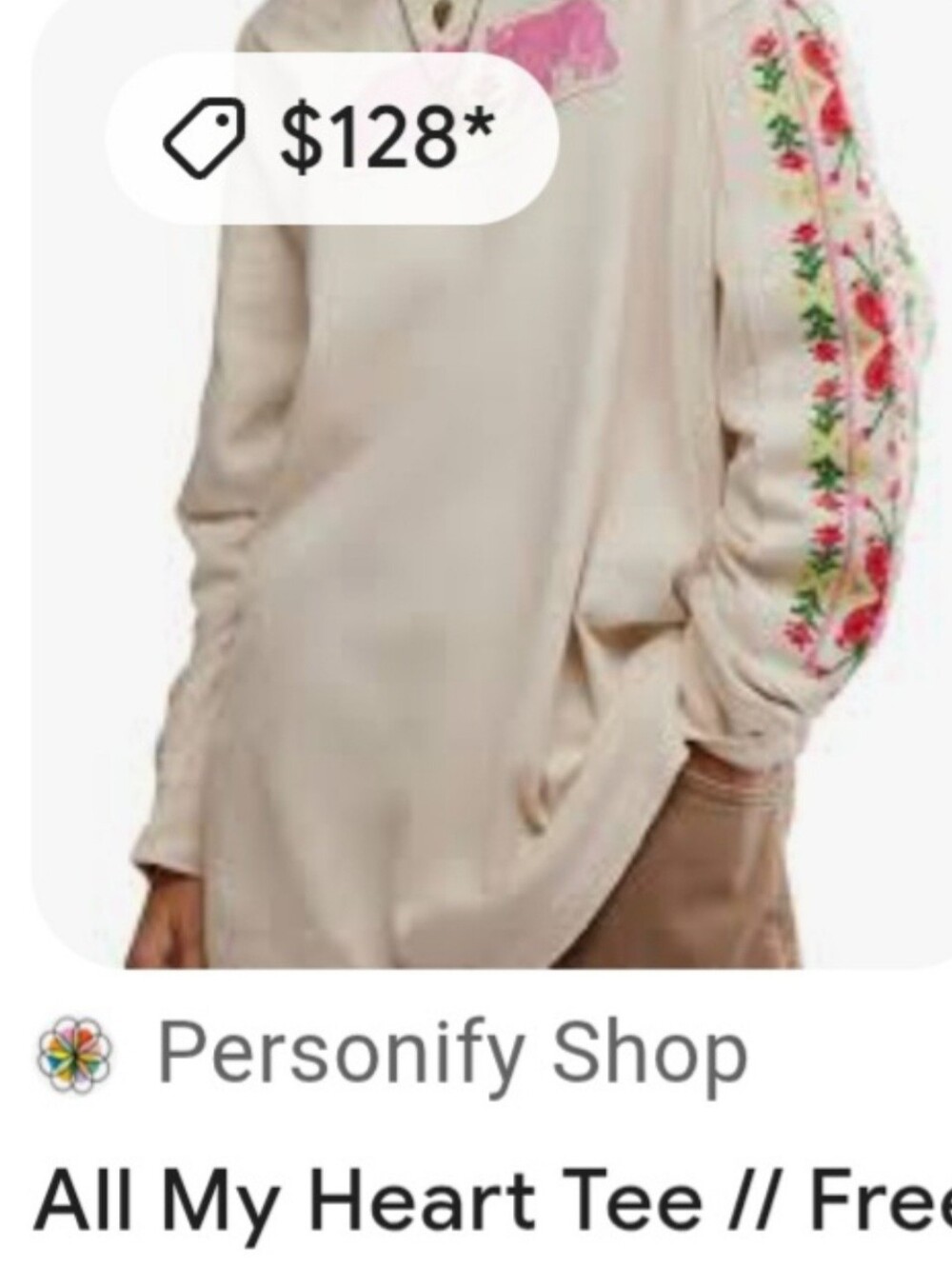 We The Free All My Heart Cream Sweatshirt Pink Bear&Floral Sleeve Embroidery XL - Picture 7 of 16